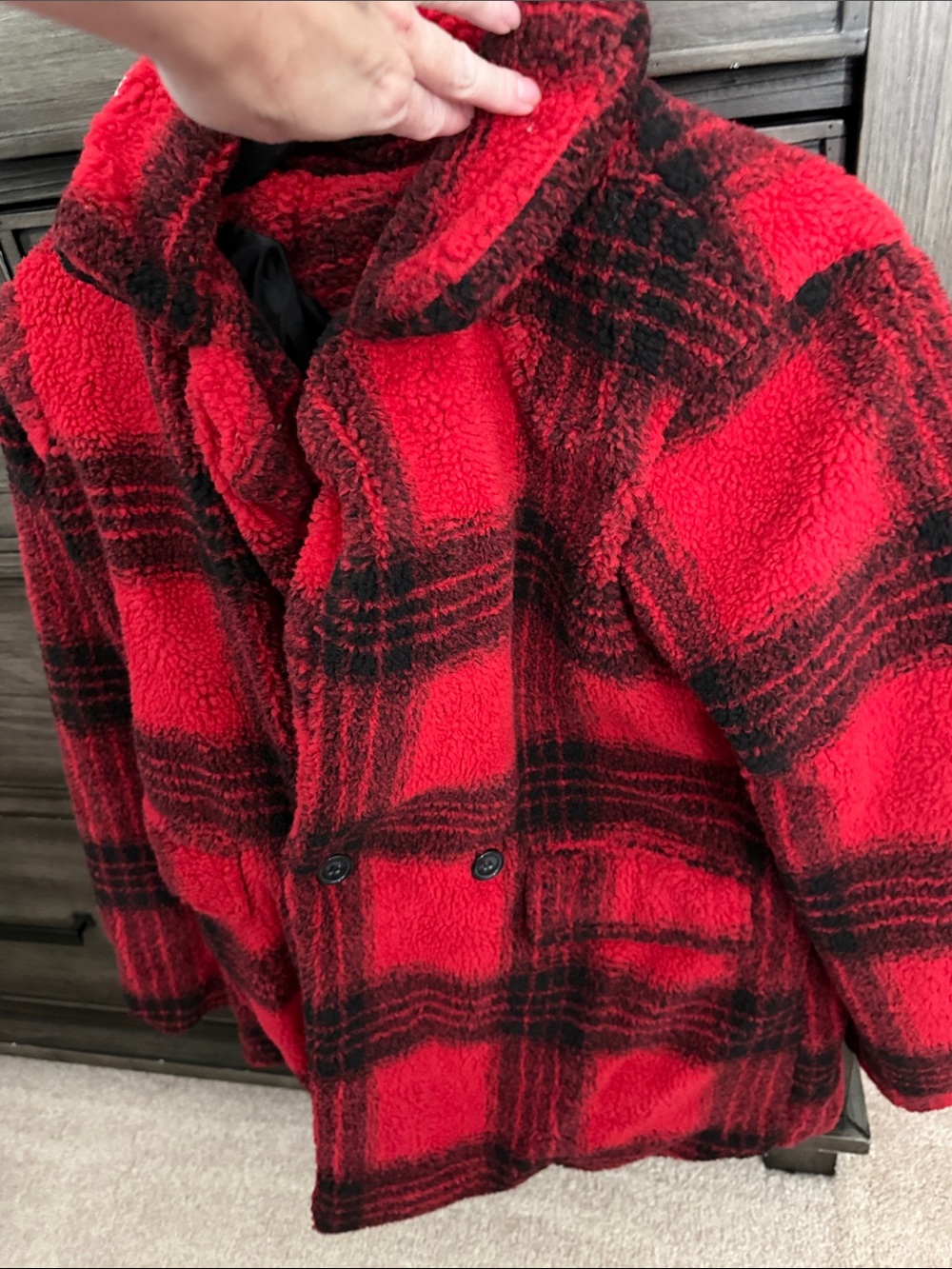 Hot Topic Red and Black Plaid Sherpa Pea Coat